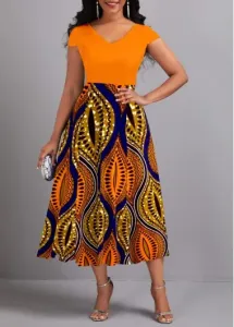 Modlily Orange Umbrella Hem Tribal Print Short Sleeve Dress - L #997695