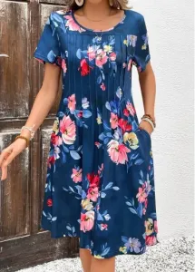 Modlily Peacock Blue Tuck Stitch Floral Print Short Sleeve Dress - S