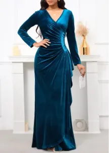 Modlily Peacock Blue Velvet Long Sleeve Dress - M