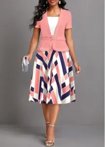 Modlily Pink Fake 2in1 Geometric Print Belted Dress - L