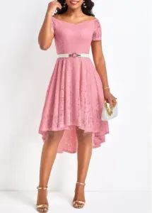 Modlily Pink Lace High Low Short Sleeve Dress - S