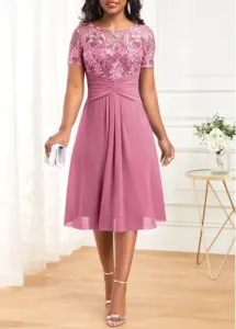 Modlily Pink Lace Patchwork Short Sleeve Dress - XL