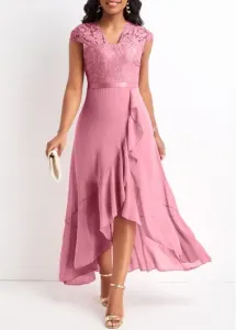 Modlily Pink Lace Plus Size High Low Dress - L