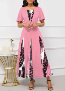Modlily Pink Patchwork Graffiti Print Maxi Short Sleeve Dress - S