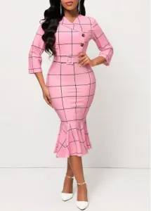 Modlily Pink Plaid Belted Button Mermaid Dress - M