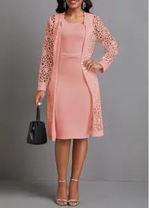 Modlily Pink Two Piece Long Sleeve Round Neck Dress and Cardigan - S