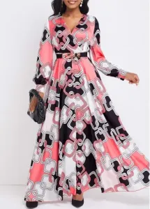 Modlily Pink Umbrella Hem Geometric Print Maxi Dress - L