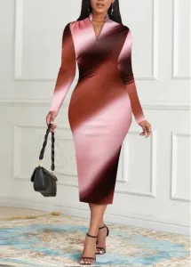 Modlily Pink Zipper Ombre Long Sleeve Stand Collar Bodycon Dress - L