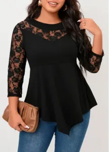 Modlily Plus Size Black Lace Stitching Asymmetric Hem T Shirt - 5XL