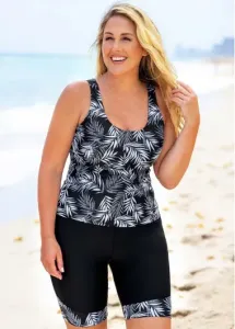 Modlily Plus Size Black Leaf Print Soft Cup Wide Strap Straight Tankini Swimsuit With Swim Shorts - S