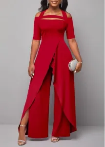 Modlily Plus Size Red Cut Out Cold Shoulder Halter Short Sleeve Wrap Hem Jumpsuit - 3X