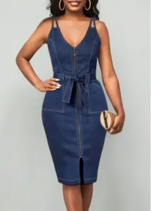 Modlily Plus Size Denim Blue Zipper Belted Bodycon Dress - 2X