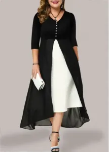 Modlily Plus Size Dress Chiffon Panel Dress V Neck Dress Button Front Dress Color Block Dress Maxi Dress - 2X