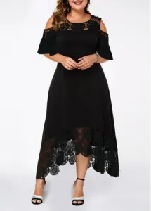 Modlily Plus Size Dress Cold Shoulder Dress Lace Patchwork Dress Party Dress Black Dress - 1X