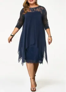 Modlily Plus Size Dress Lace Panel Dress Straight Dress Overlay Dress 3/4 Sleeve Dress Blue Dress Elegant Dress - 2X