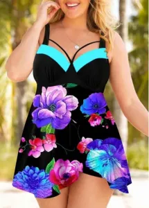 Modlily Plus Size Floral Print Contrast Black Swimdress Top - 3X