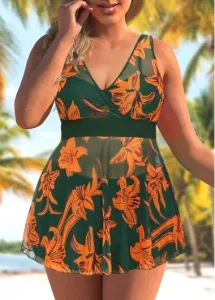 Modlily Plus Size Floral Print Olive Green Swimdress and Shorts - 3X