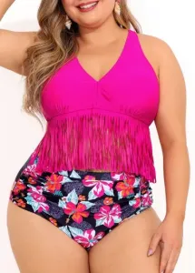 Modlily Plus Size Floral Print Tassel High Waist Bikini Set - 3X