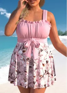 Modlily Plus Size Frill Pink Floral Print Swimdress Top - 1X