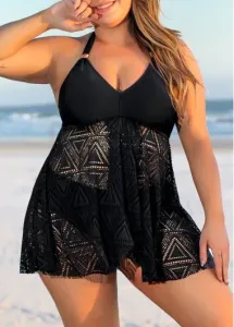 Modlily Plus Size Lace Stitching Black Swimdress Set - 2X