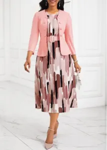 Modlily Plus Size Pink Two Piece Geometric Print Belted Dress - 1X