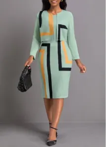 Modlily Plus Size Sage Green Two Piece Geometric Print Dress - 1X