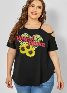 Modlily Plus Size Strappy Cold Shoulder Sunflower Print T Shirt - 3X
