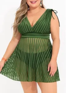 Modlily Plus Size Striped Olive Green Swimdress Set - 1X