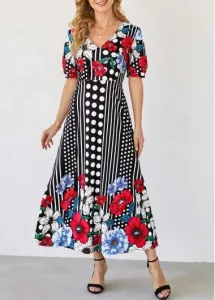 Modlily Polka Dot and Floral Print Multi Color Dress - L