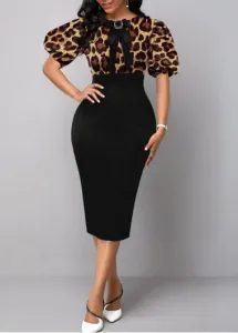 Modlily Puff Sleeve Leopard Bowknot Bodycon Dress - M