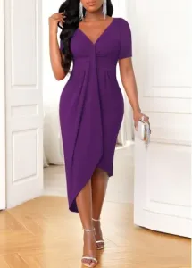 Modlily Purple Asymmetric Hem Short Sleeve Dress - M