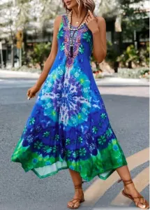 Modlily Blue Asymmetry Tie Dye Print H Shape Dress - 2XL