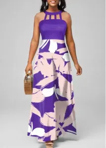 Modlily Purple Cage Neck Floral Print Sleeveless Maxi Dress - S