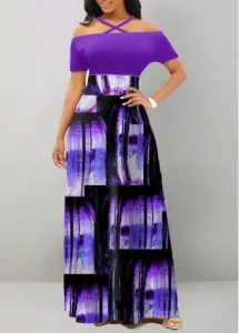 Modlily Purple Criss Cross Ombre Short Sleeve Maxi Dress - M