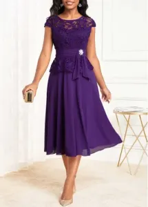 Modlily Purple Lace Cap Sleeve Round Neck Dress - L