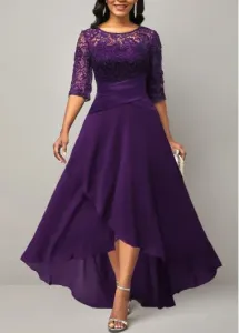 Modlily Purple Lace Wrapped Cocktail Dress Midi Ruffle Hem Party Dress Half Sleeve Wedding Guest Dress - L