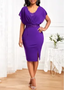 Modlily Purple Lace Short Sleeve V Neck Bodycon Dress - XXL
