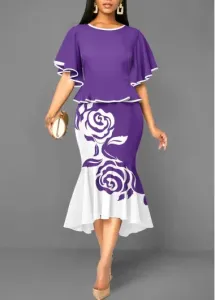 Modlily Purple Mermaid Floral Print High Low Bodycon Dress - XXL