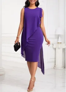 Modlily Purple Patchwork High Low Sleeveless Round Neck Bodycon Dress - L