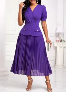 Modlily Purple Pleated Half Sleeve V Neck Dress - L