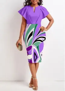 Modlily Purple Ruffle Geometric Print Short Sleeve Bodycon Dress - L