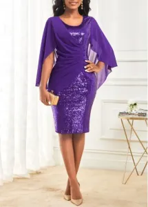Modlily Purple Sequin Cocktail Dress Party Dress Button Design 3/4 Mesh Sleeve Dress - L