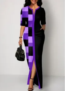 Modlily Purple Split Geometric Print Maxi Dress - M
