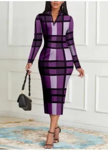 Modlily Purple Zipper Plaid Long Sleeve Bodycon Dress - M