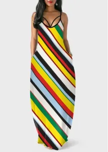 Modlily Rainbow Stripe Spaghetti Strap Double Side Pocket Dress - S