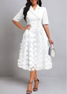 Modlily Raw White Burn Out Printing Short Sleeve Lapel Dress - L