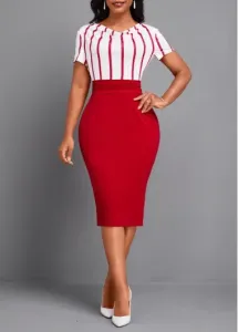 Modlily Red Bowknot Striped Short Sleeve Draped Neck Bodycon Dress - L