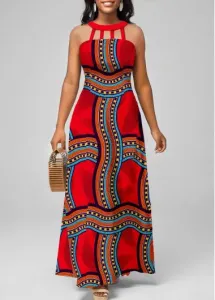 Modlily Red Cage Neck Tribal Print Sleeveless Maxi Dress - M