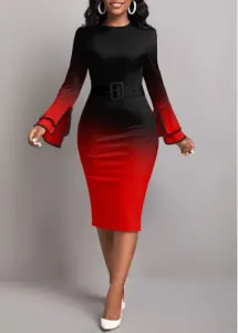 Modlily Red Contrast Binding Ombre Long Sleeve Bodycon Dress - L