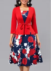 Modlily Red Fake 2in1 Floral Print Belted Square Neck Dress - L